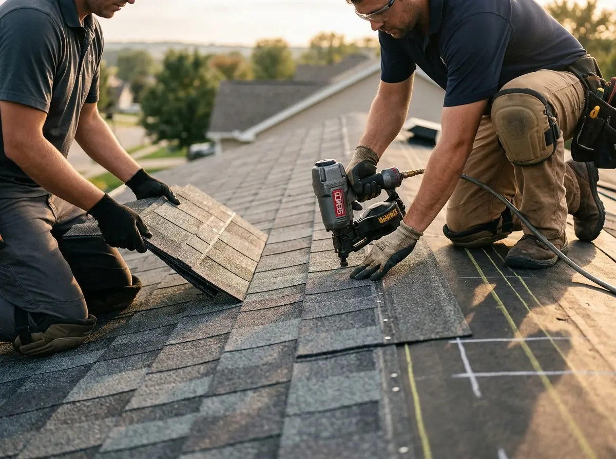 Professional roofer working on a residential roof in Willows